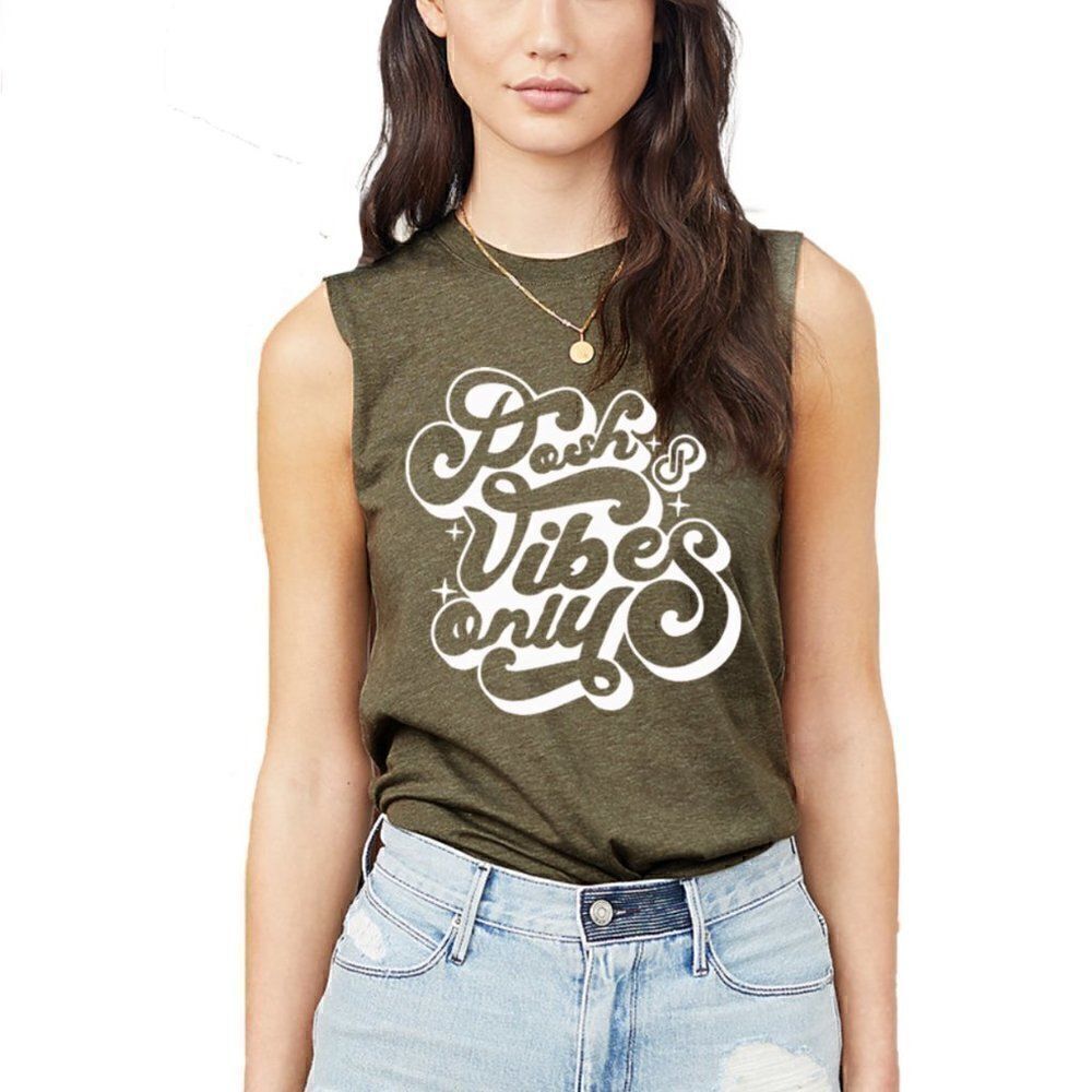 POSHMARK OFFICIAL POSH VIBES SLEEVELESS MUSCLE TEE SHIRT IN ARMY GREEN SIZE S, M